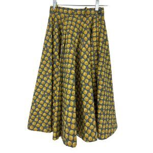 Vintage 50s Women's XXS/XS Quilted Coin Print Novelty A-Line Skirt Yellow Gray